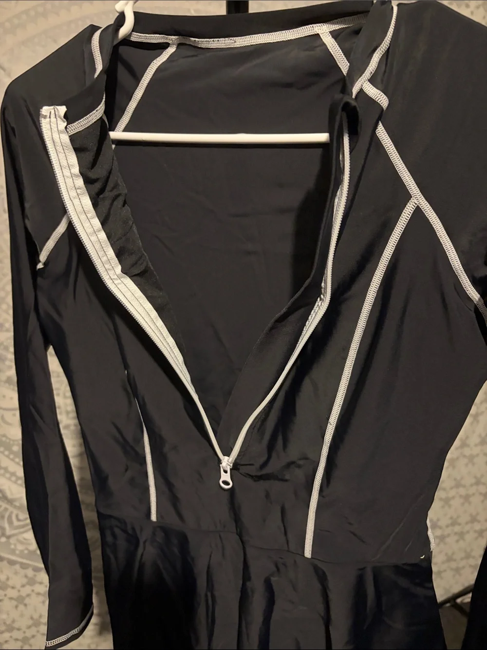 Source Unknown Black Long-Sleeve One-Piece Swim Dress with White Trim - Picture 3 of 7